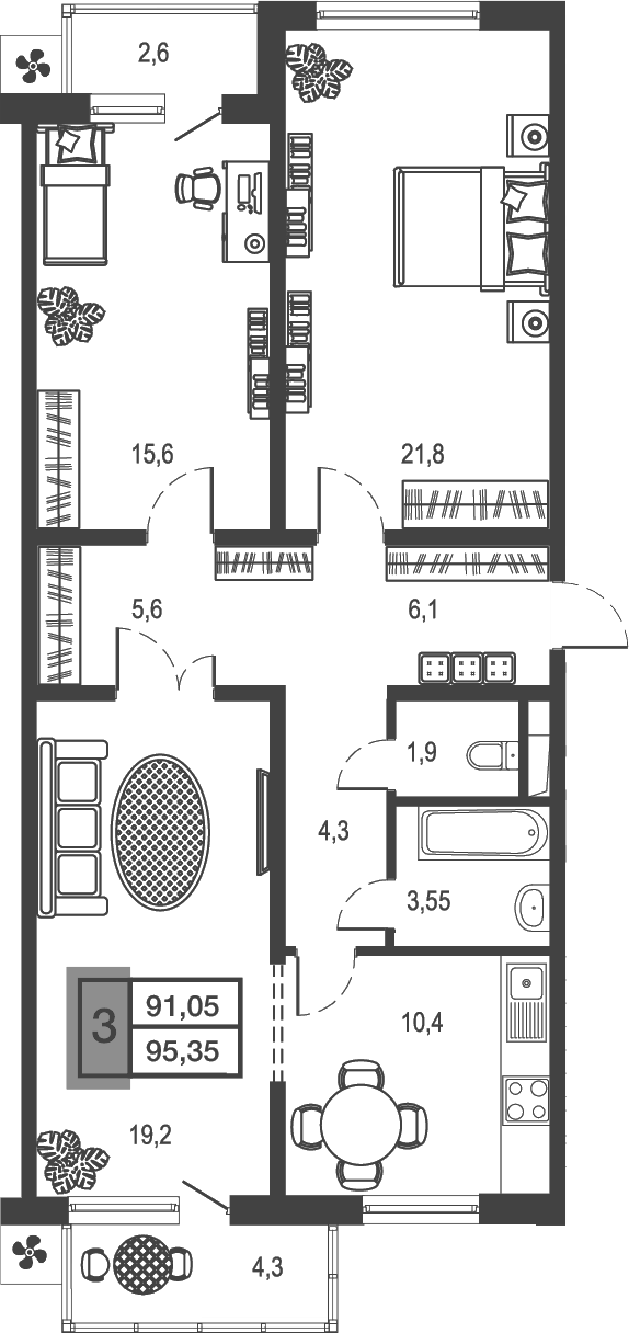 Планировка — Дом у озера, 3-комн., 88 м²