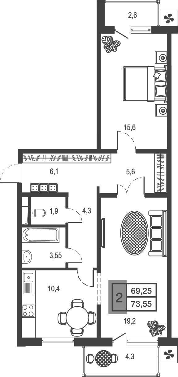 Планировка — Дом у озера, 2-комн., 67 м²