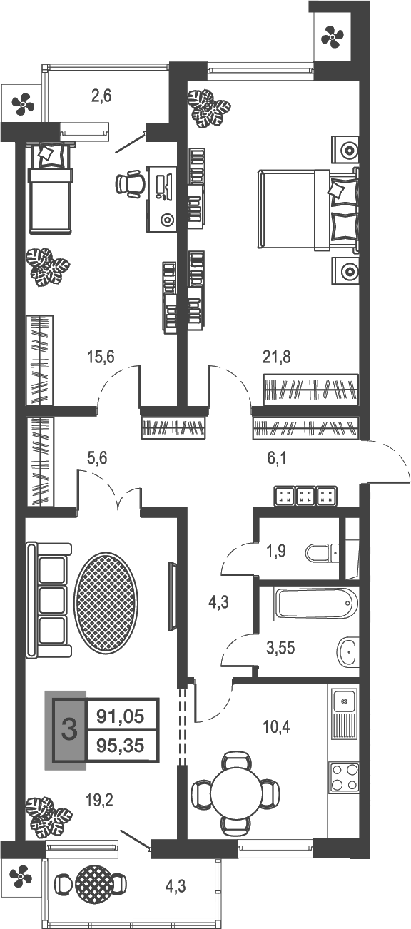 Планировка — Дом у озера, 3-комн., 88 м²