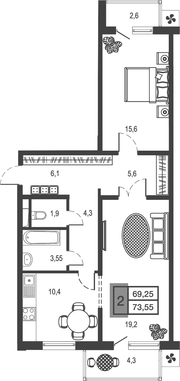 Планировка — Дом у озера, 2-комн., 67 м²