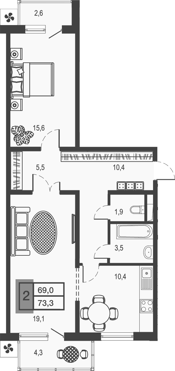 Планировка — Дом у озера, 2-комн., 66 м²