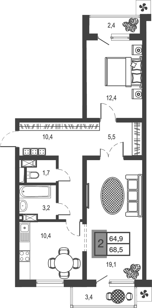 Планировка — Дом у озера, 2-комн., 63 м²