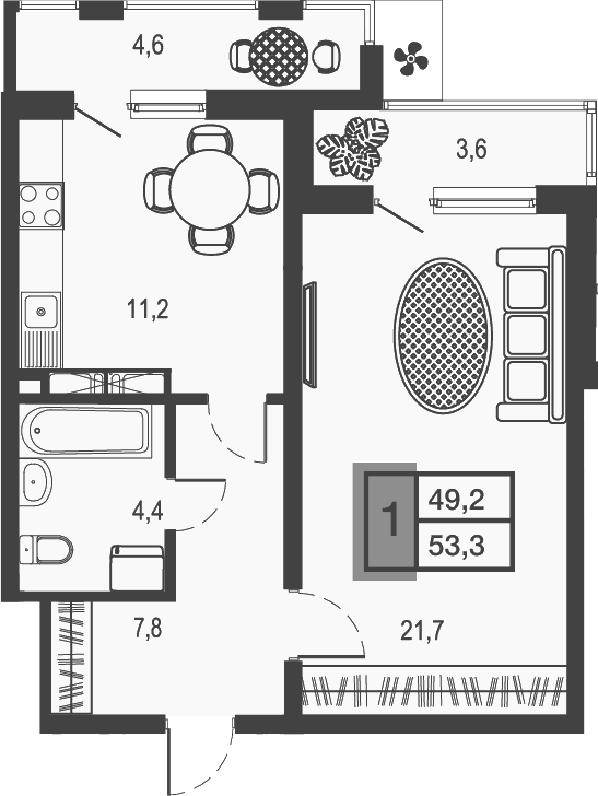 Планировка — Дом у озера, 1-комн., 45 м²