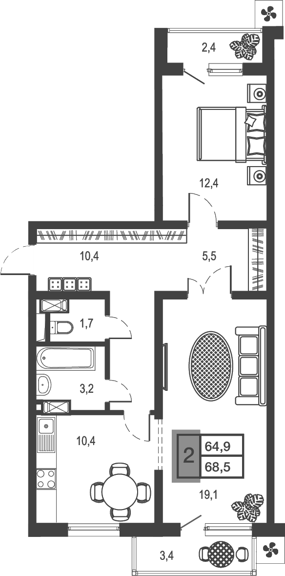 Планировка — Дом у озера, 2-комн., 63 м²