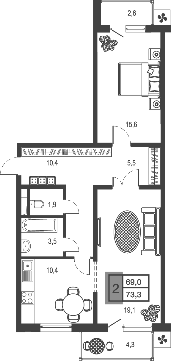 Планировка — Дом у озера, 2-комн., 66 м²