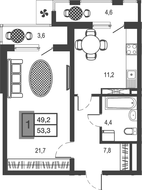 Планировка — Дом у озера, 1-комн., 45 м²