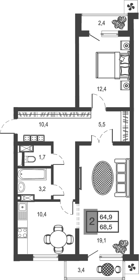 Планировка — Дом у озера, 2-комн., 63 м²