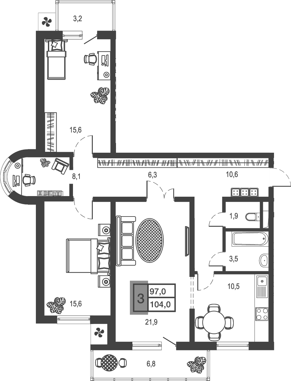 Планировка — Дом у озера, 3-комн., 94 м²