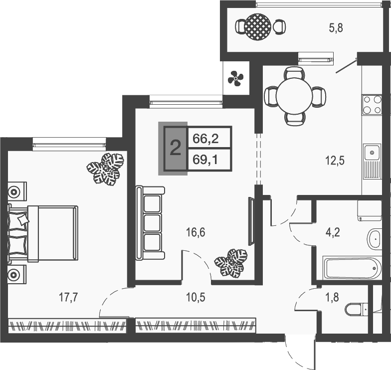 Планировка — Дом у озера, 2-комн., 63 м²