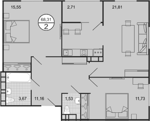 Планировка — Событие, 3-комн., 66 м²