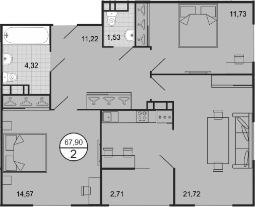 Планировка — Событие, 3-комн., 65 м²