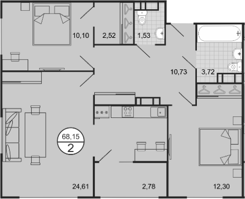 Планировка — Событие, 3-комн., 74 м²