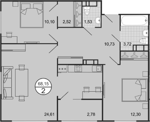 Планировка — Событие, 3-комн., 65 м²