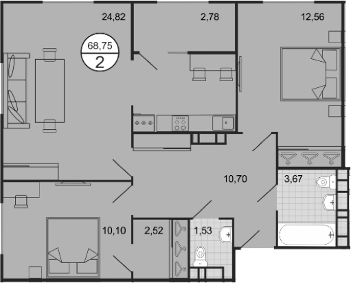 Планировка — Событие, 3-комн., 66 м²