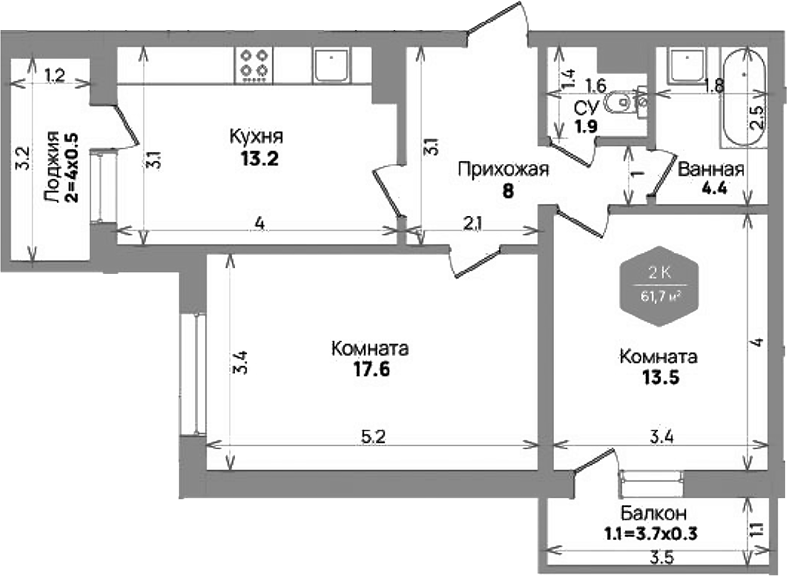 Планировка — Бауинвест, 2-комн., 59 м²
