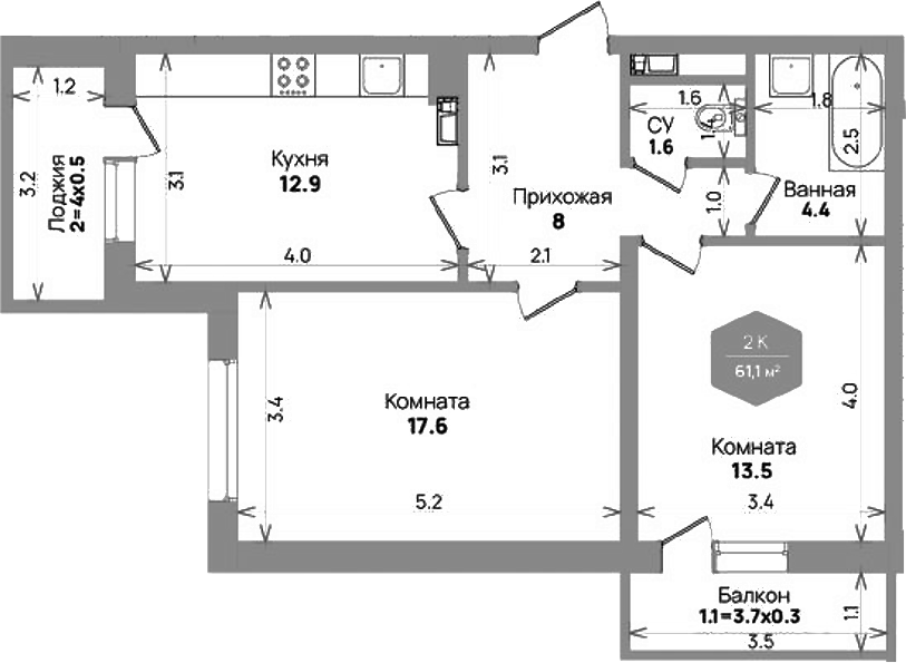 Планировка — Бауинвест, 2-комн., 58 м²