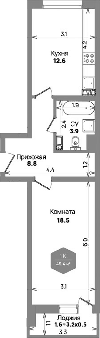 Планировка — Бауинвест, 1-комн., 44 м²