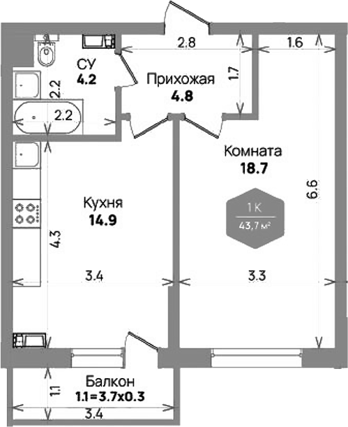 Планировка — Бауинвест, 1-комн., 43 м²