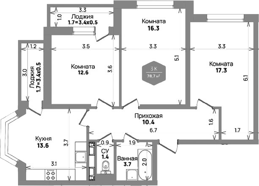 Планировка — Бауинвест, 3-комн., 75 м²