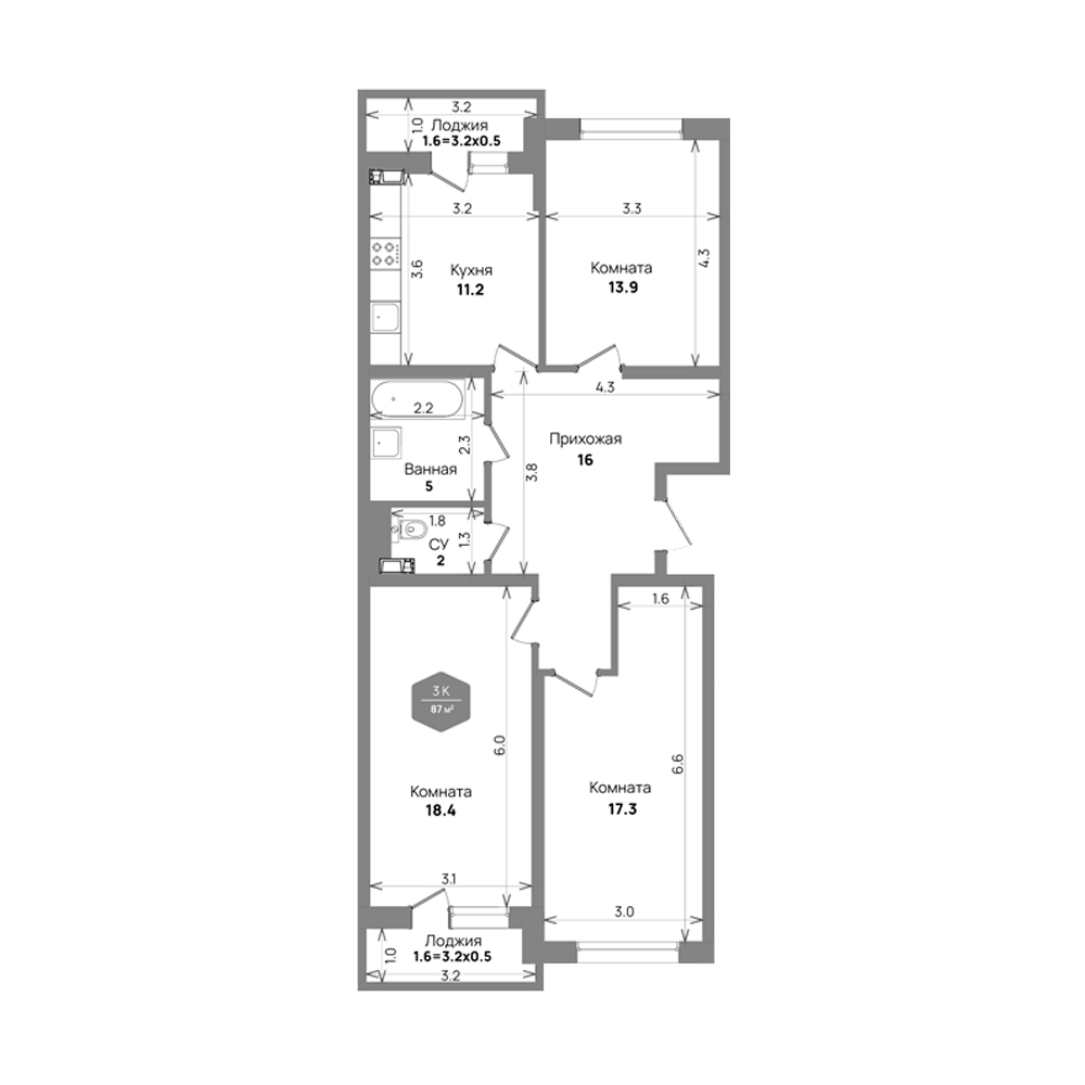 Планировка — Бауинвест, 3-комн., 84 м²