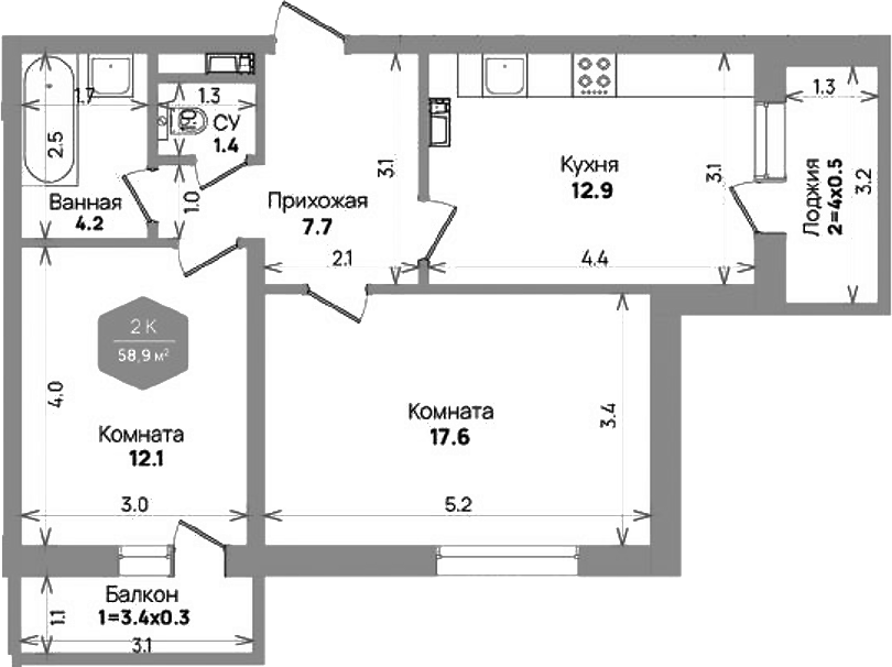 Планировка — Бауинвест, 2-комн., 56 м²