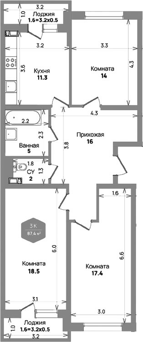 Планировка — Бауинвест, 3-комн., 84 м²