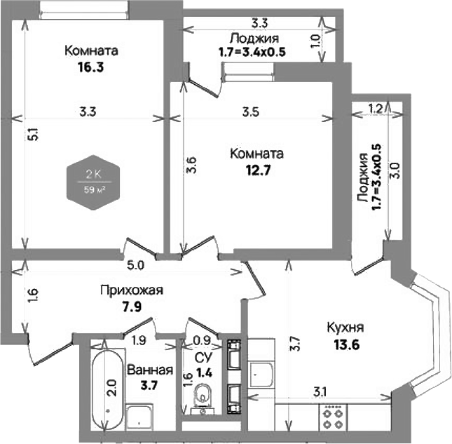 Планировка — Бауинвест, 2-комн., 56 м²