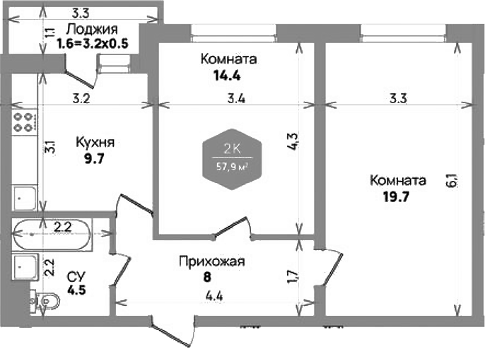 Планировка — Бауинвест, 2-комн., 56 м²