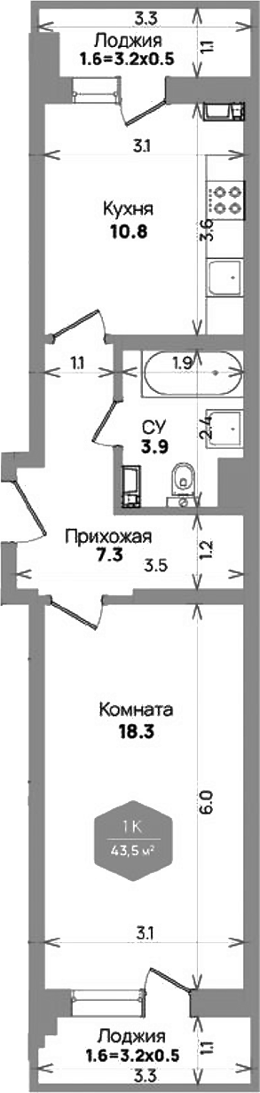 Планировка — Бауинвест, 1-комн., 40 м²