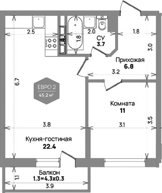 Планировка — Бауинвест, 2-комн., 44 м²