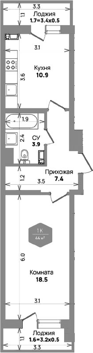 Планировка — Бауинвест, 1-комн., 41 м²