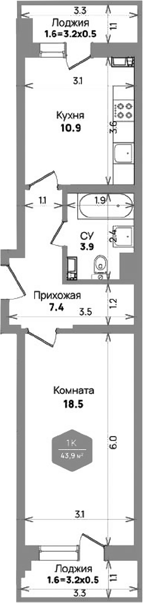 Планировка — Бауинвест, 1-комн., 41 м²