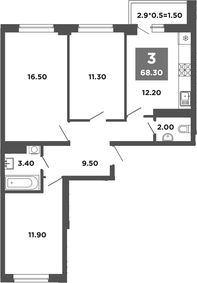 Планировка — NEO-квартал Красная площадь, 3-комн., 67 м²