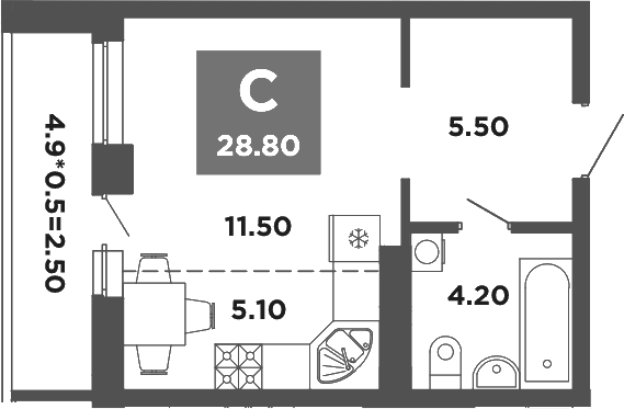 Планировка — NEO-квартал Красная площадь, Студия, 26 м²
