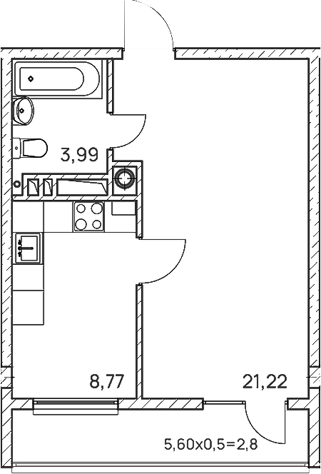 Планировка — Две реки, 1-комн., 35 м²
