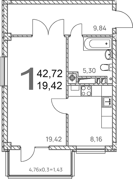 Планировка — Две реки, 1-комн., 41 м²
