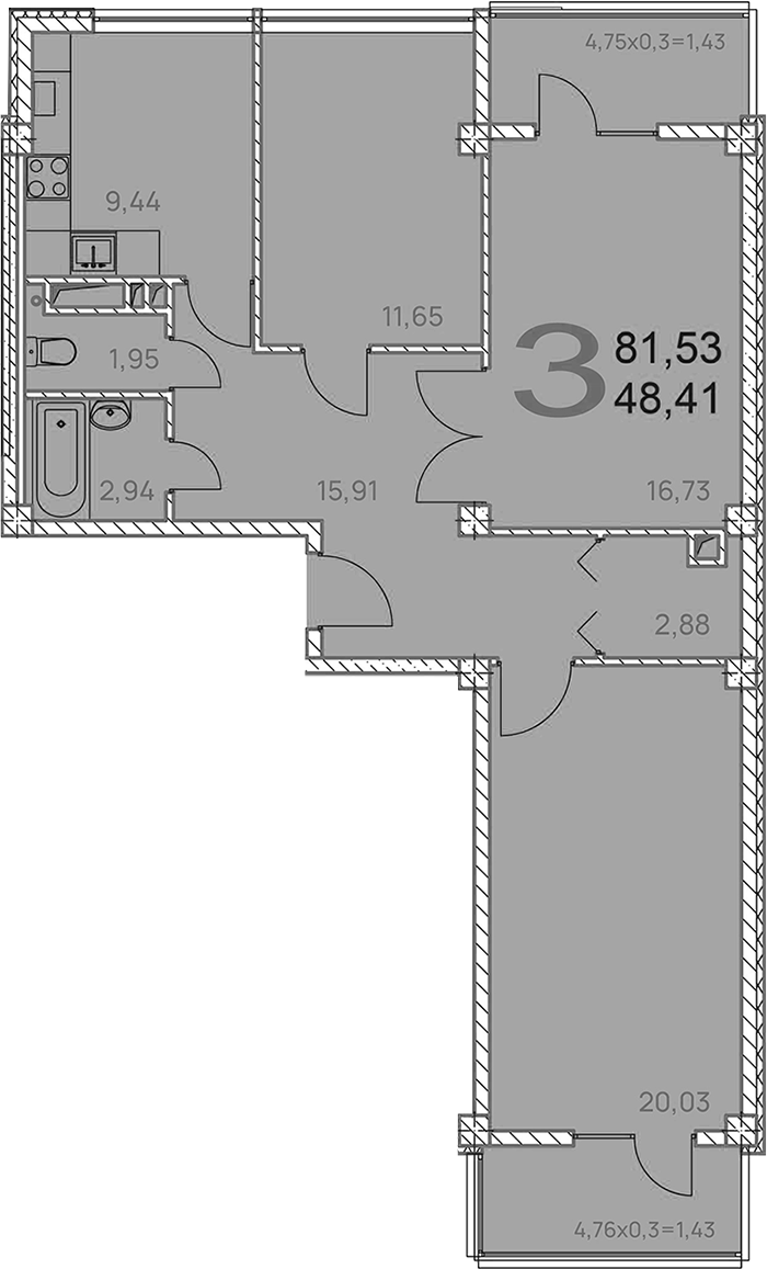 Планировка — Две реки, 3-комн., 82 м²