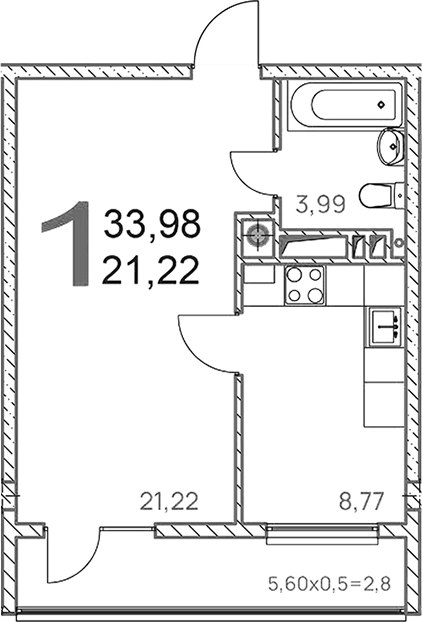 Планировка — Две реки, 1-комн., 34 м²