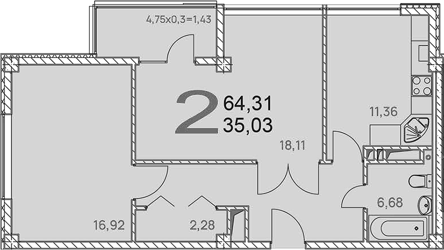 Планировка — Две реки, 2-комн., 63 м²
