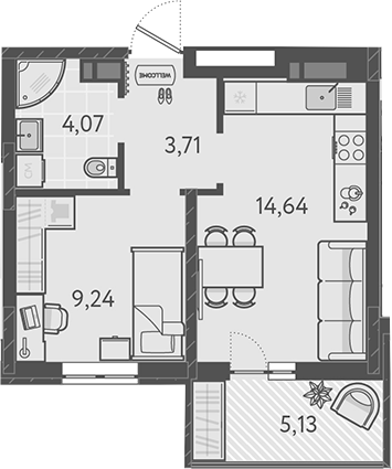 Планировка — Теплые края, 1-комн., 32 м²