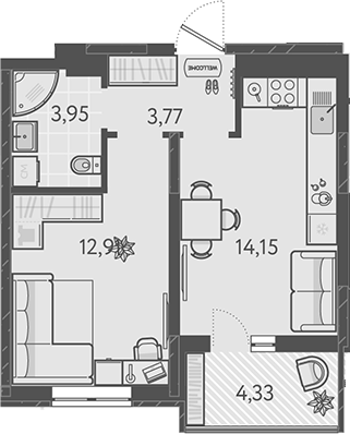 Планировка — Теплые края, 1-комн., 35 м²