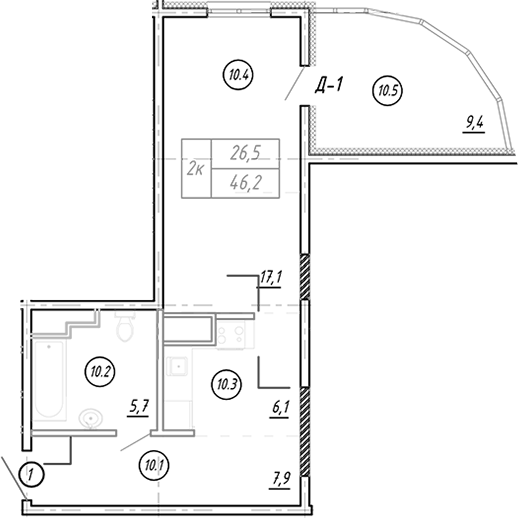 Планировка — Резиденция Ясногорская, Студия, 45 м²