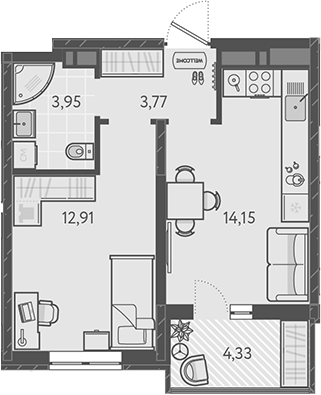 Планировка — Теплые края, 1-комн., 35 м²