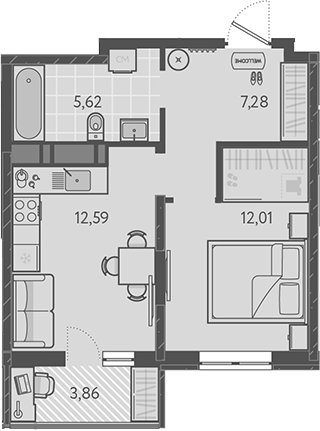 Планировка — Теплые края, 1-комн., 38 м²