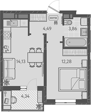 Планировка — Теплые края, 1-комн., 35 м²