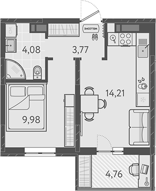 Планировка — Теплые края, 1-комн., 32 м²