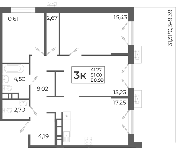 Планировка — Высочество, 4-комн., 81 м²