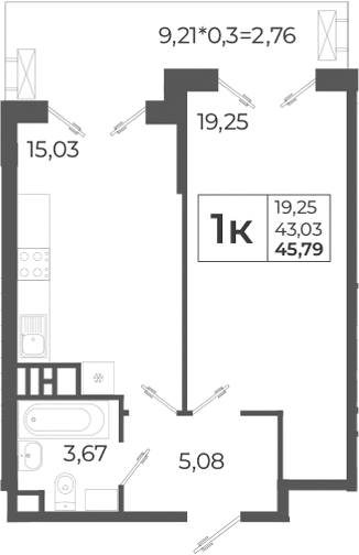 Планировка — Высочество, 2-комн., 43 м²