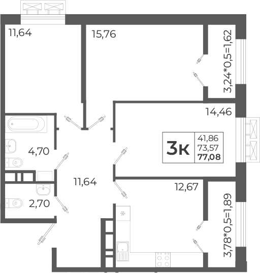 Планировка — Высочество, 3-комн., 79 м²