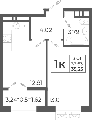 Планировка — Высочество, 1-комн., 36 м²